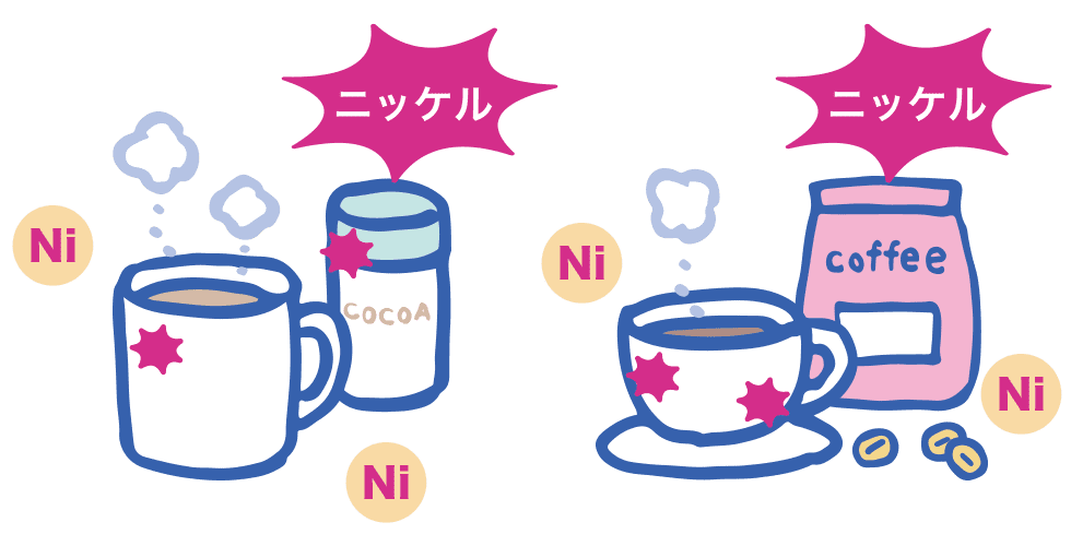 チョコレート以外のもココアやコーヒーにもニッケルは含まれます。